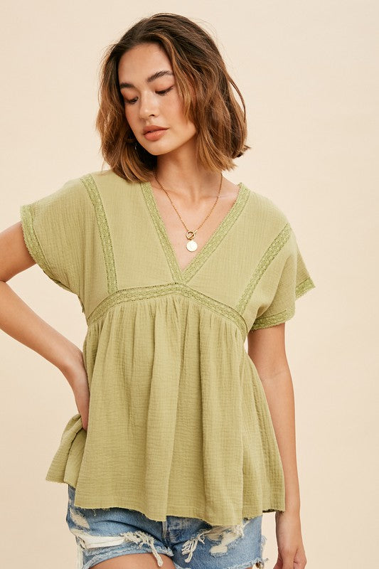 Lace V-Neck Blouse Avocado Top