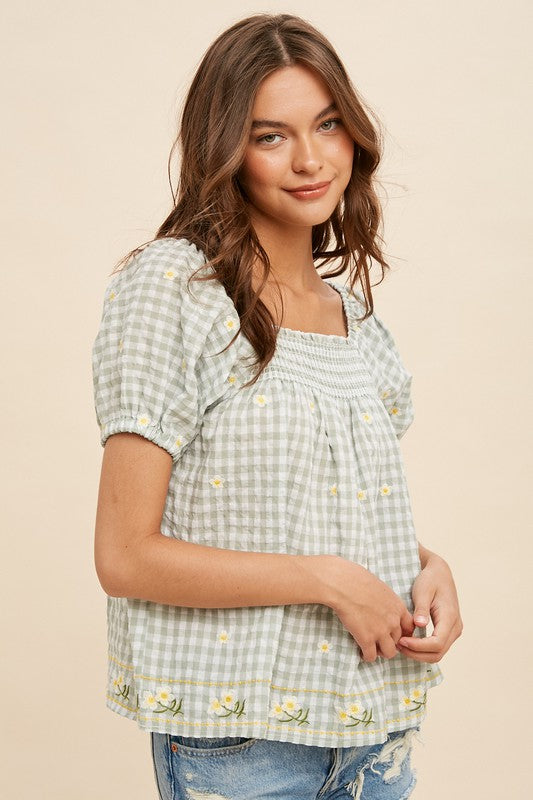 Gingham Floral Blouse Moss Top