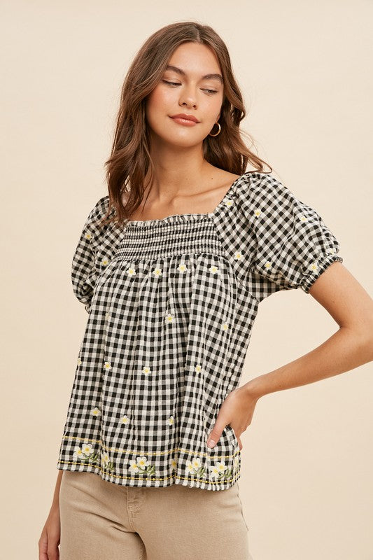 Gingham Floral Blouse Black Top