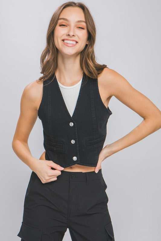 Buttoned Denim Vest Black Top