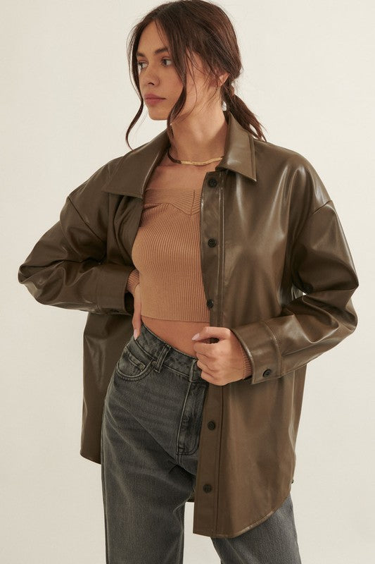 Faux Leather Shacket Dark Olive Top