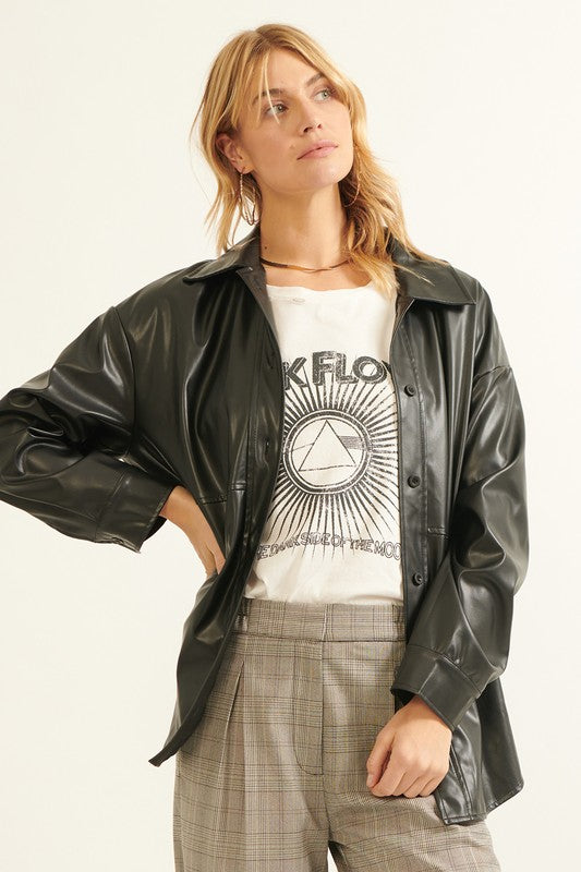 Faux Leather Shacket Black Top