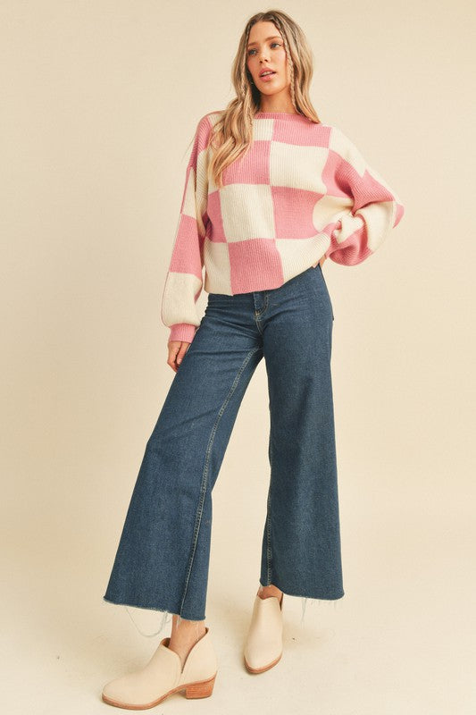 Oversized Checkerboard Pullover Cool Pink Checker Top