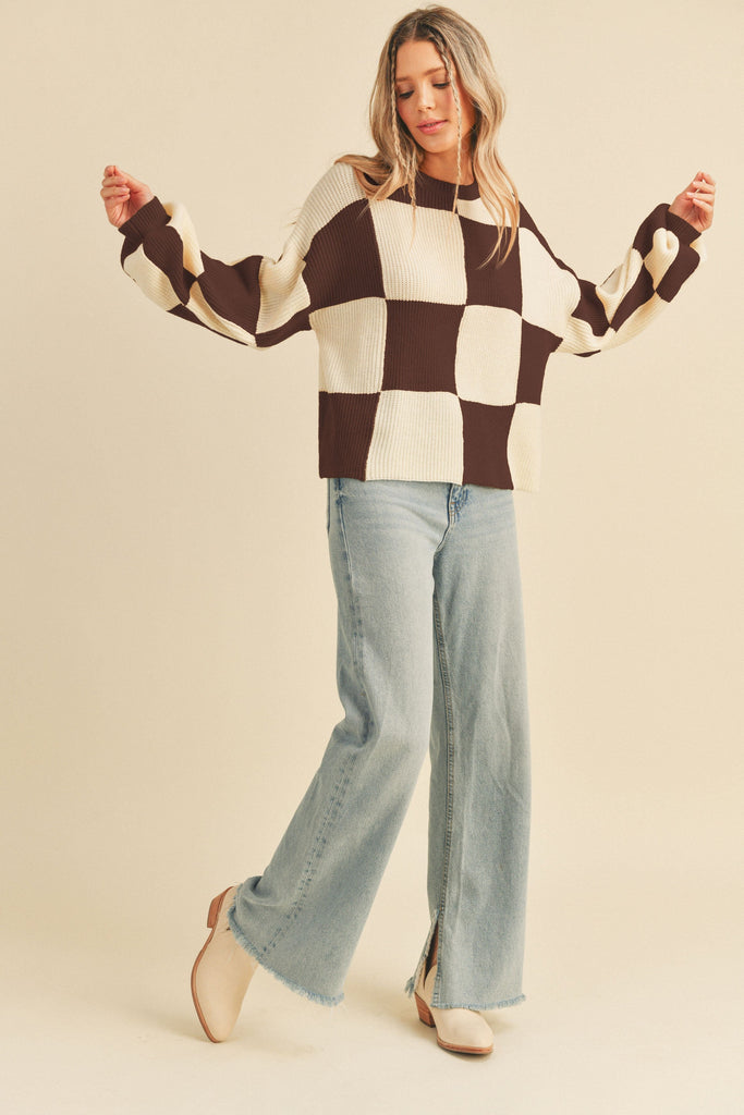 Oversized Checkerboard Pullover Chocolate Checker Top