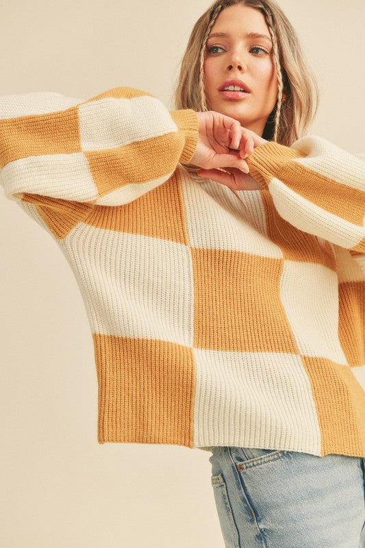 Oversized Checkerboard Pullover Mustard Checker Top