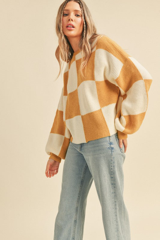 Oversized Checkerboard Pullover Mustard Checker Top