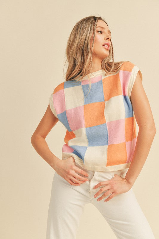 Colorful Checkered Sweater Vest Ivory Multi Top