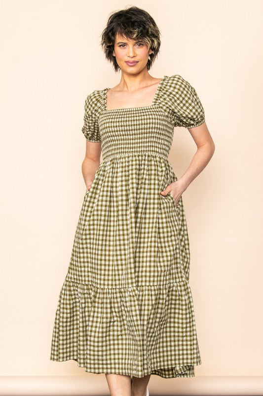 Gingham Puff Sleeve Midi Dress Olive Dress