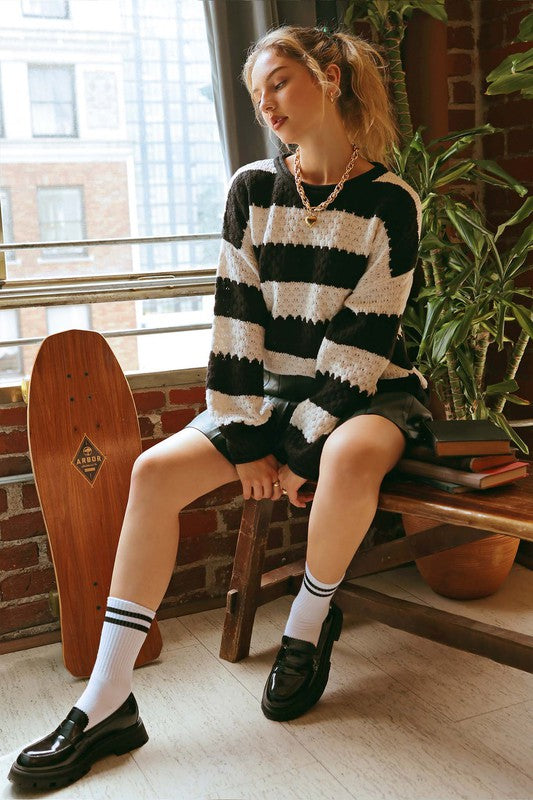 Striped Crew Knit Sweater Black Top