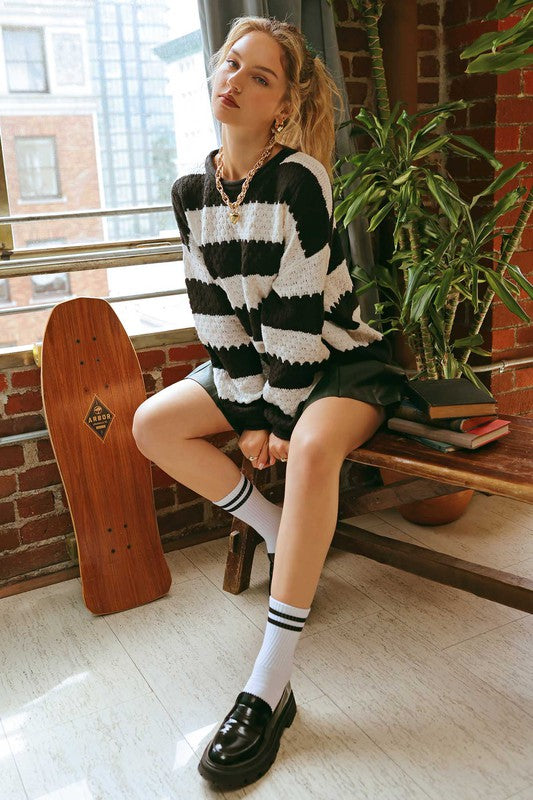 Striped Crew Knit Sweater Black Top