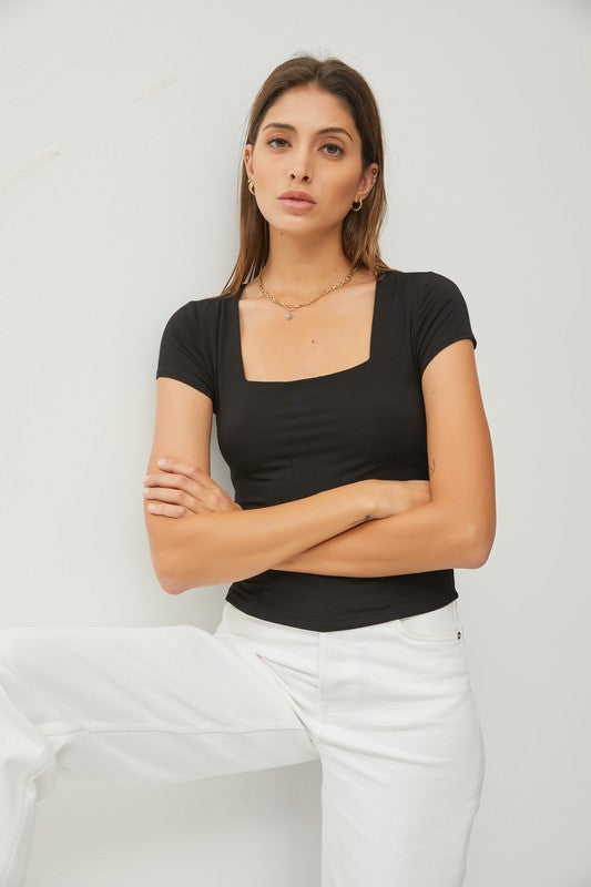 Square Neck Knit Tee Black Top