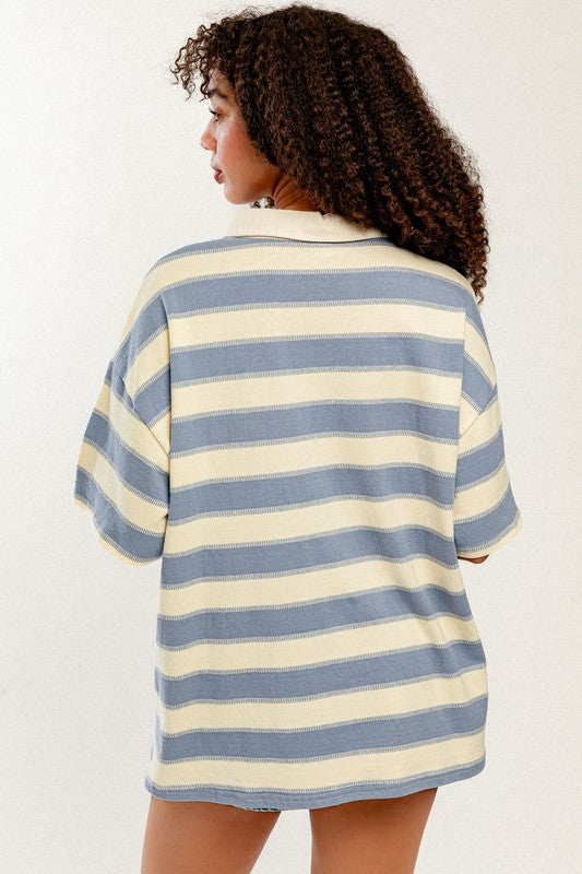 Short Sleeve Polo T-Shirt Cream-Lt Blue Stripe Top