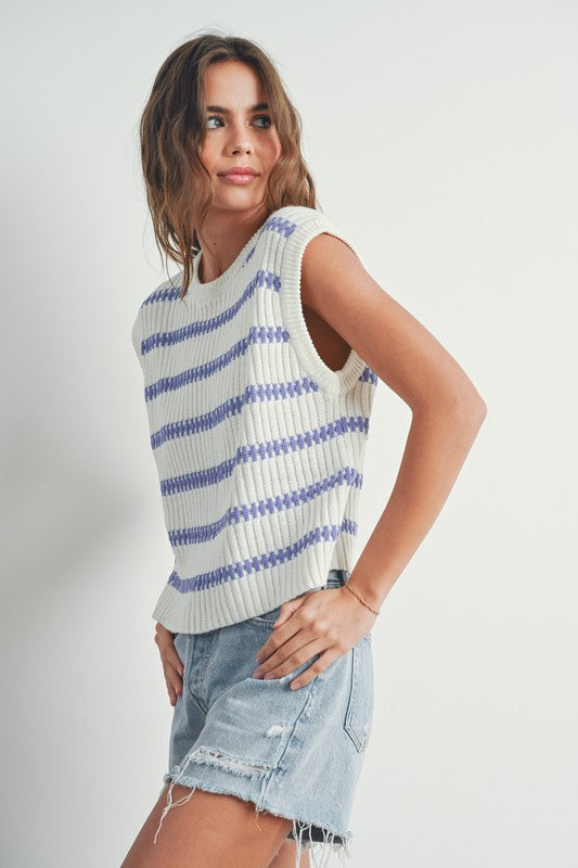 Striped Knit Sweater Tank Ivory Lavender Top