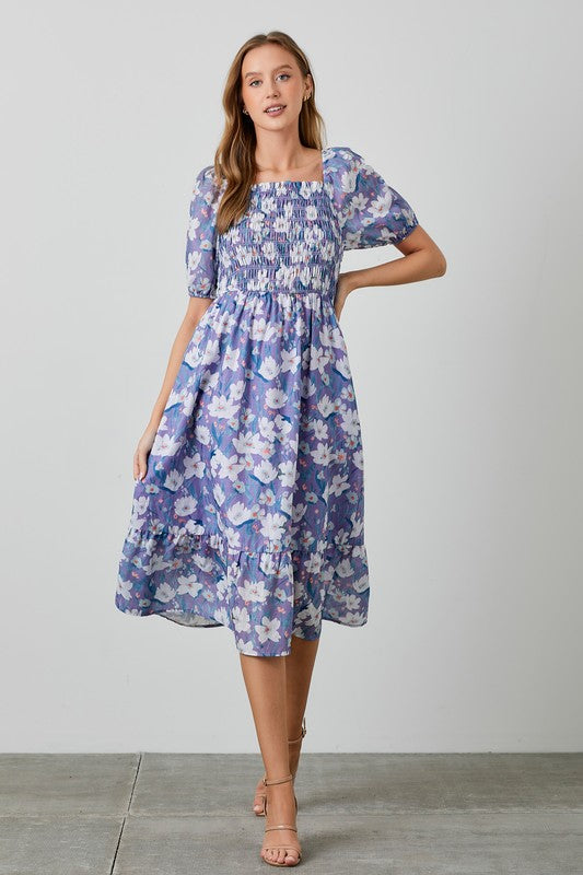 Floral Smocked Midi Dress Lavender Multi Dress