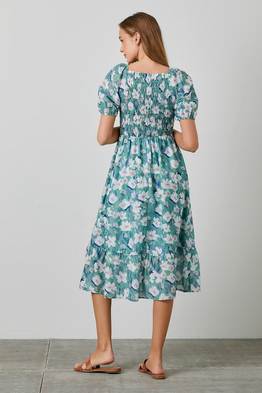 Floral Smocked Midi Dress Green Multi Dress