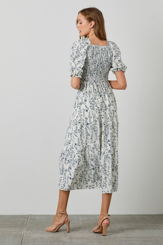 Floral Smocked Midi Dress Ivory Dress