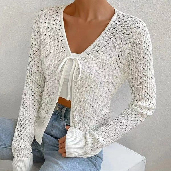 Lace-Up Knit Cardigan White Top