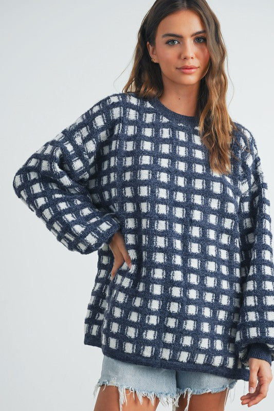 Checkered Oversized Sweater Navy/Ivory Top