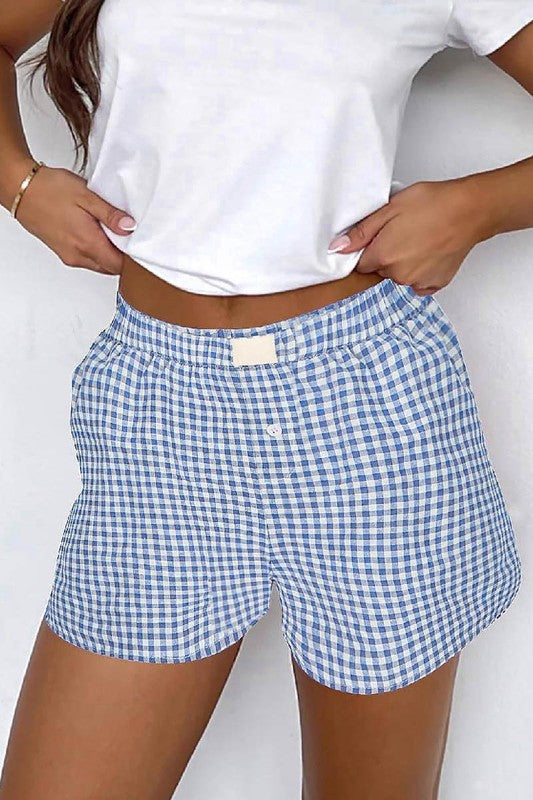 High Waisted Plaid Shorts Light Blue Bottom