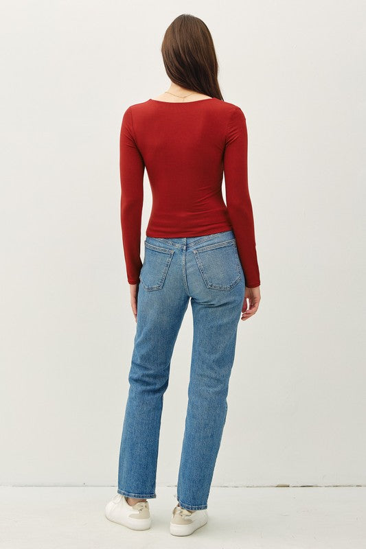 Square Neck Long Sleeve Scarlet Top