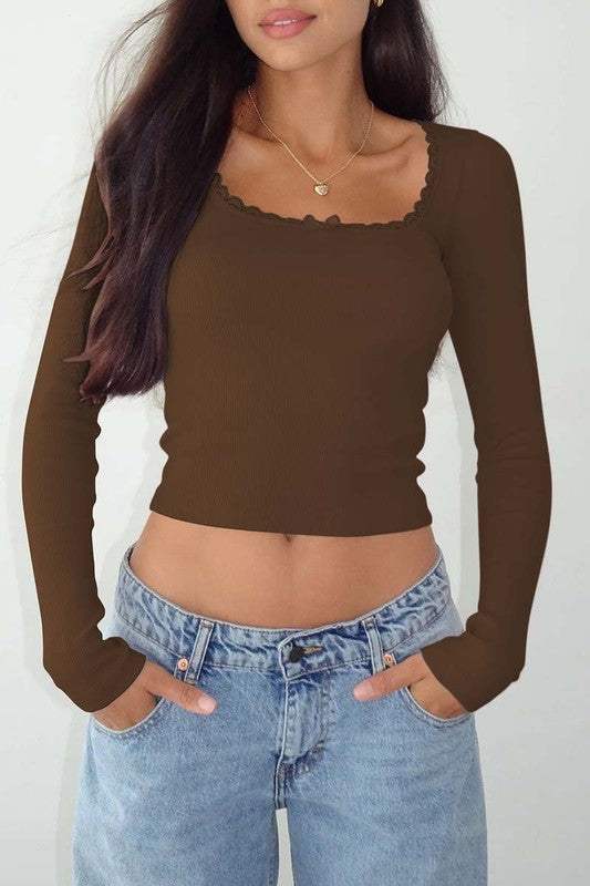 Long Sleeved Crop Top Brown Top