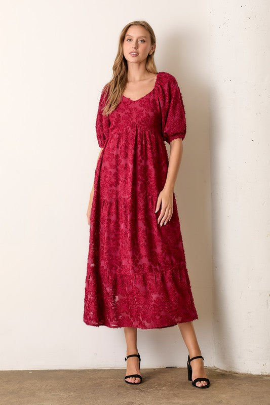 Textured Tiered Midi Dress Burgundy Dress