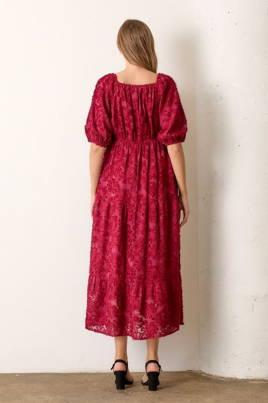 Textured Tiered Midi Dress Burgundy Dress