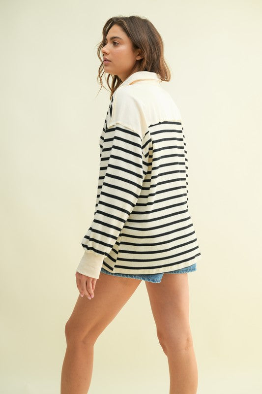 Striped Collared Top Cream Black Top