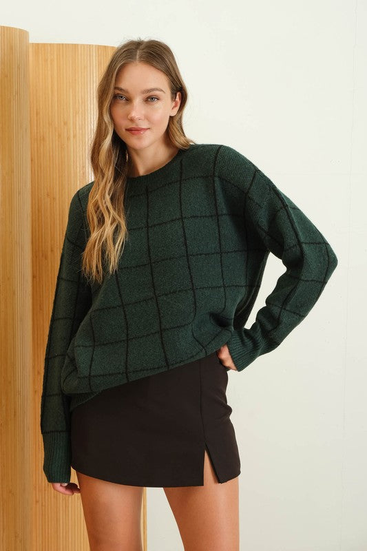 Grid Print Sweater Hunter Green Top