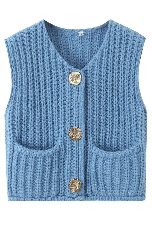 Chunky Knit Vest Blue Top