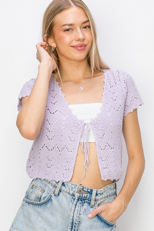 Tie Front Knit Cardigan Lavender Top