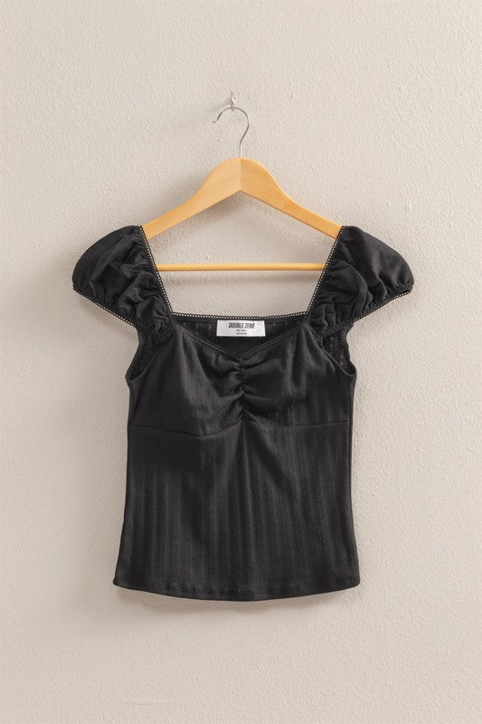 Lace Trimmed Short Sleeve Black Top