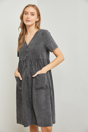 Button Front Cotton Dress Black Dress