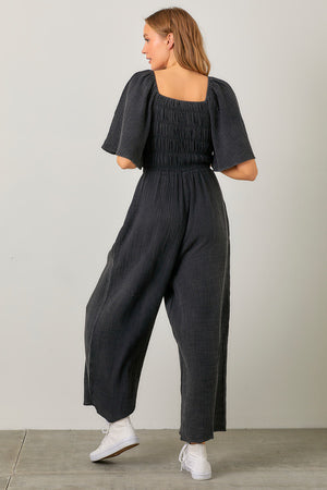 Smocked Wide Leg Jumpsuit Charcoal Jumper