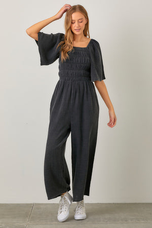 Smocked Wide Leg Jumpsuit Charcoal Jumper