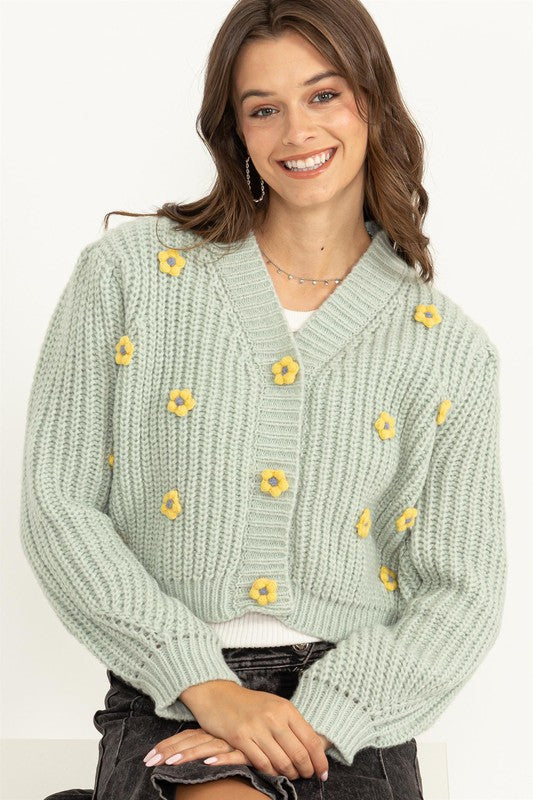 Romantic Winter Floral Cardigan Seafoam Top