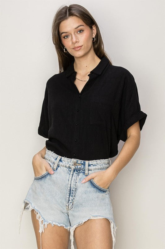 Linen Blend Shirt Black Top