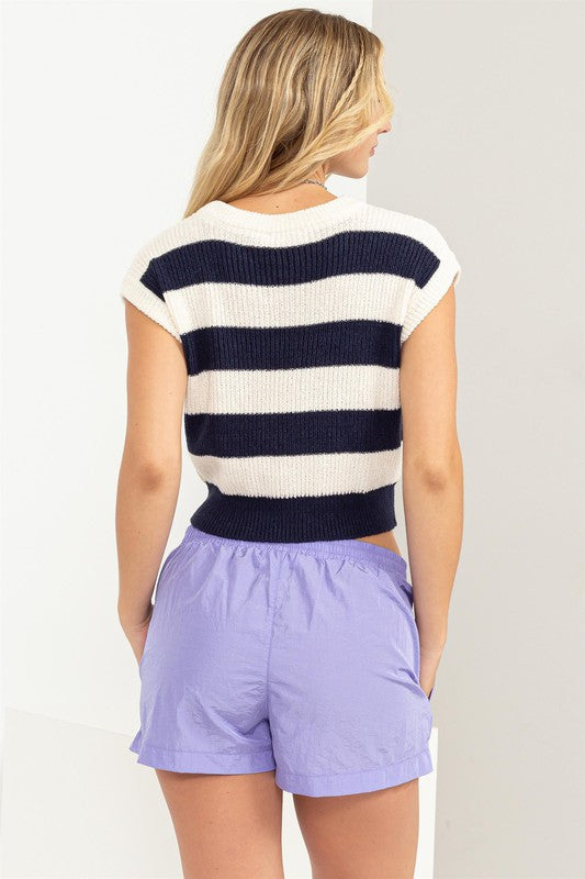 Ribbed STriped Knit Top Navy Cream Top