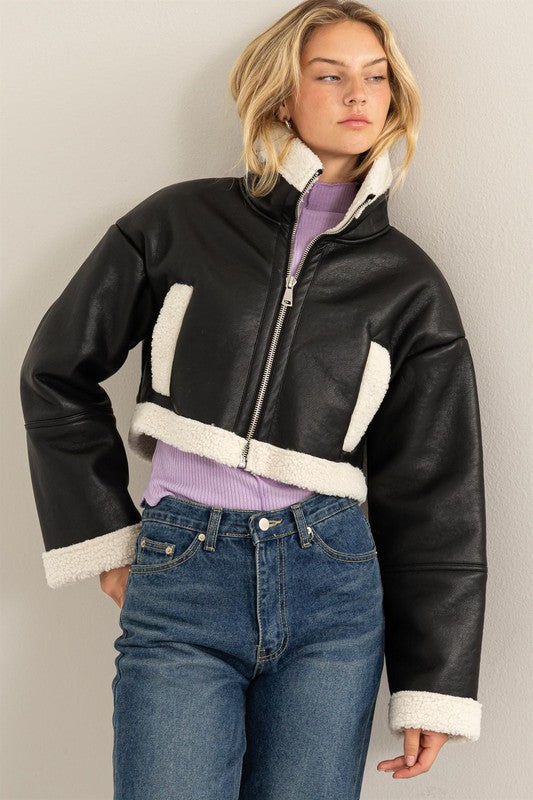 Out of My Way Shearling Cropped Jacket Black Top