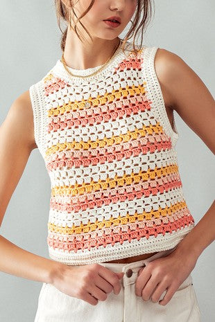 Stripe Crochet Tank Pink Multi Top